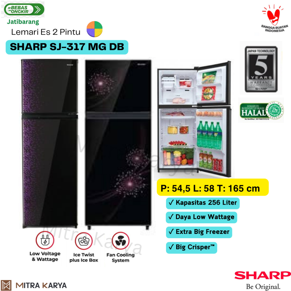 Kulkas Sharp / Lemari Es 2 Pintu SJ 317 MG 256 Liter Low Watt No Frost Indramayu