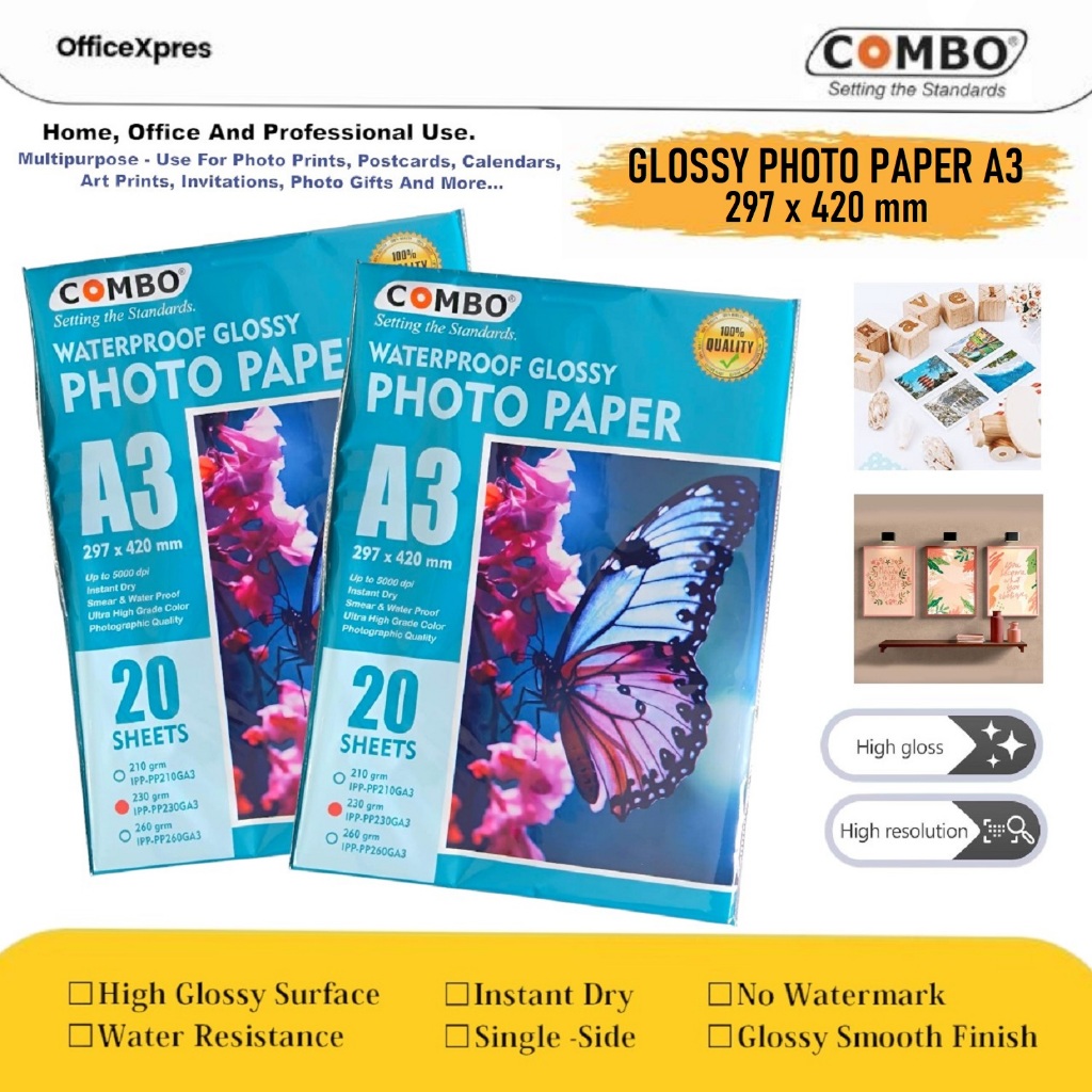 

Kertas Foto A3 / Glossy Photo Paper A3 / Kertas Cetak Foto 1 Sisi / Photo Paper 230grm A3 / Kertas Cetak Poster A3 Combo