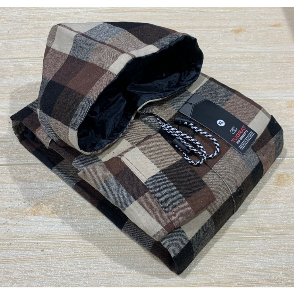 Kemeja flanel hoodie kupluk pria garis kotak kotak kecil Kemeja Hoodie