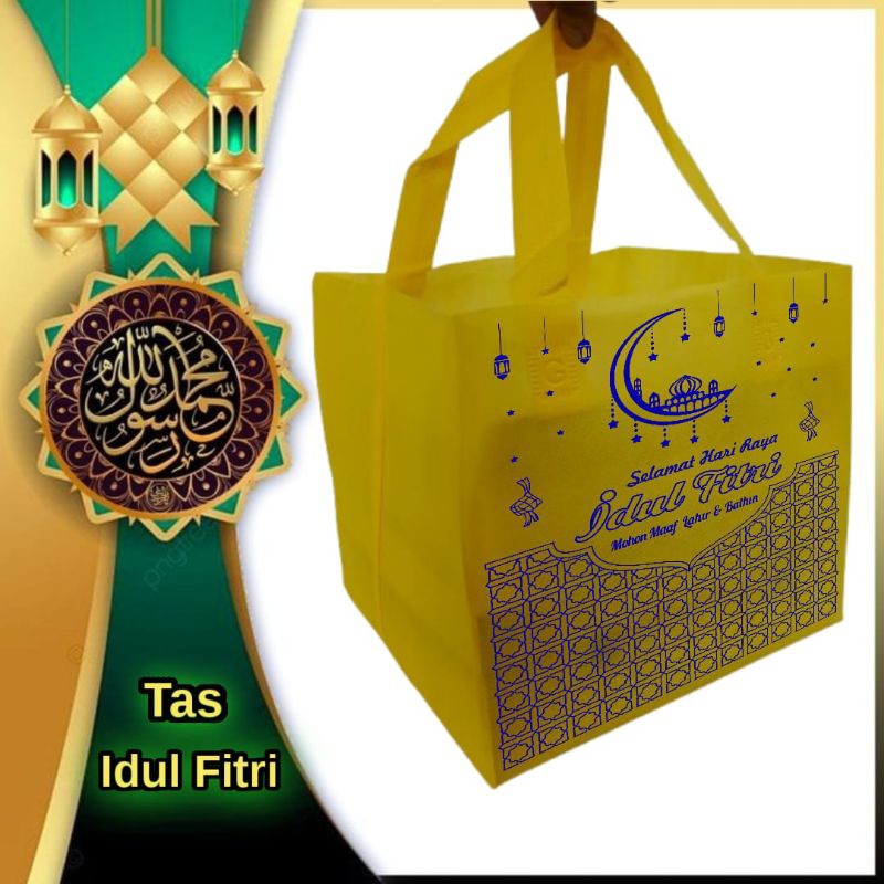 

(12 PCS) Edisi Lebaran Tas Box Dus 20x20 Hajatan Lebaran Sablon 1 Sisi Tas Spunbond