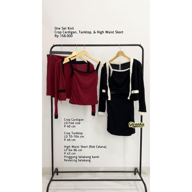 ONE SET KNIT // SET CROP CARDIGAN, TANKTOP, HIGHWAIST SKORT // SETELAN WANITA CELANA PENDEK // SETEL