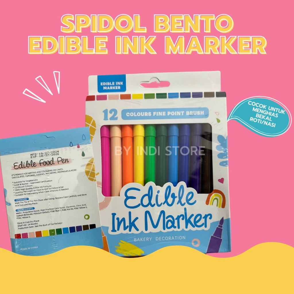 

[Ready Bandung] BY INDI STORE Spidol Bento Spidol Dekorasi Kue 1 set isi 12 warna Edible Food Pen Edible Marker Dekorasi Bento Kue Baking