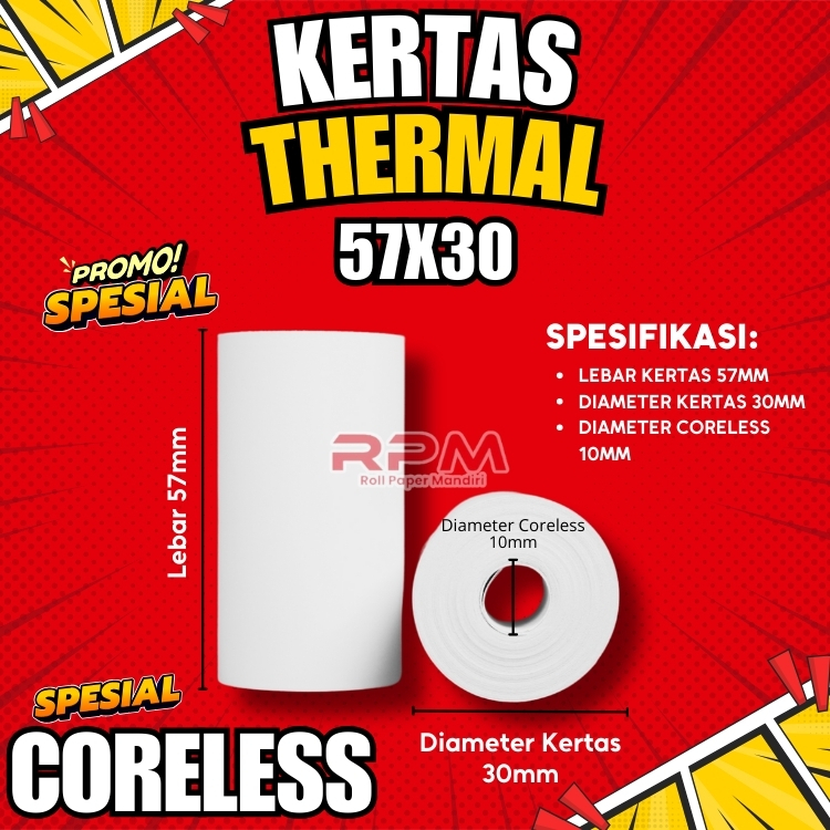 

10 Roll Kertas Thermal / Kertas Struk Kasir 57x30 mm 58x30 mm Coreless