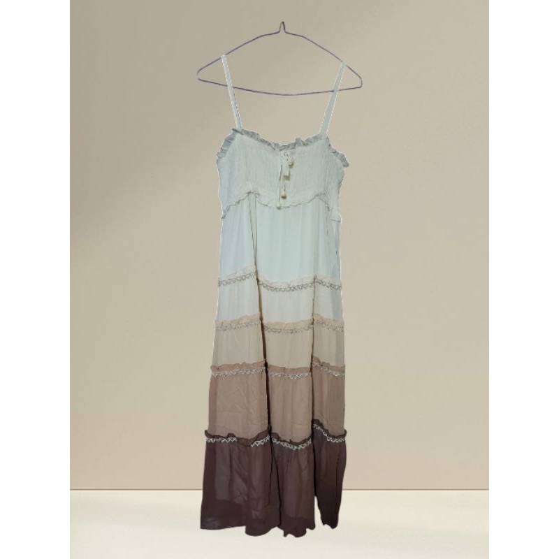 DR55 Midi Dress Satin White Gradasi Brown Coklat All Size