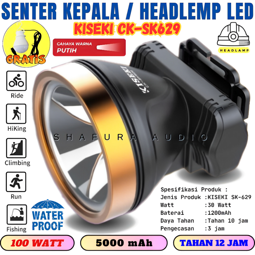Kiseki Senter Kepala Ck-Sk629 Headlamp 30watt Free Lampu Emergency | Senter Kepala Kiseki Ck-Sk629 H