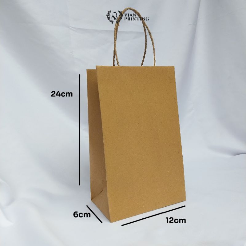 

Paper bag coklat polos murah ukuran 24x6x12 bahan Kraft 125 gsm anti jebol