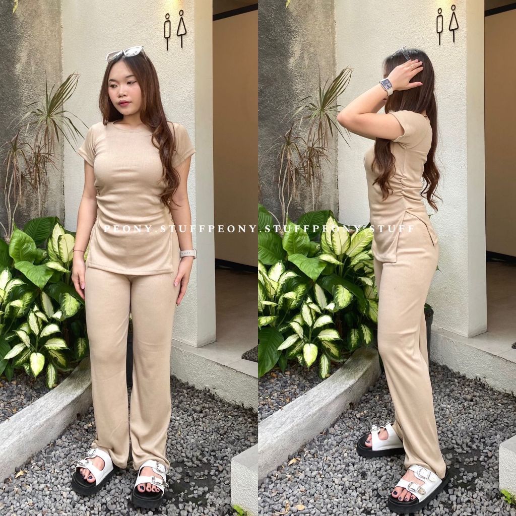 JADEN SET | Setelan Wanita Oneset Knit Rib Premium Shirt Pants Baju Set Celana Highwaist