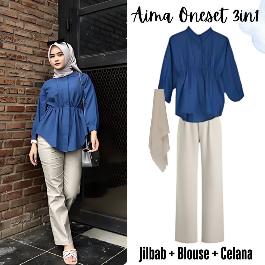 Oneset 3in1 bloese serut celana kulot putih jilbab bella square | ootd outfit cewe main hangout kuli