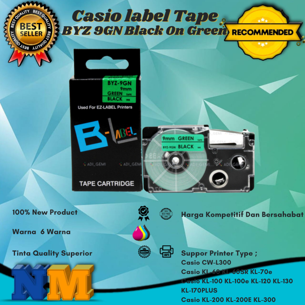 

Compatible Casio label Tape BYZ 9GN Black On Green - KL-100 KL100e KL-200