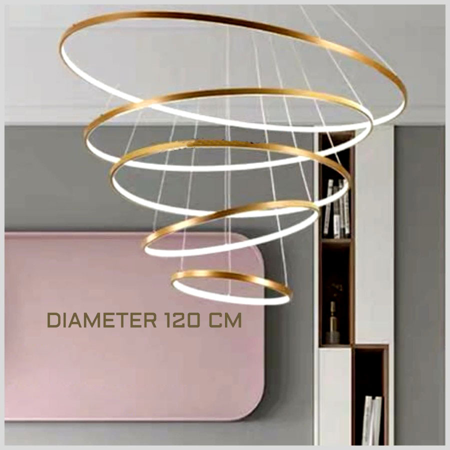 Lampu hias gantung susun cincin ring premium modern LED 3 warna sinar cahaya putih kuning warm white