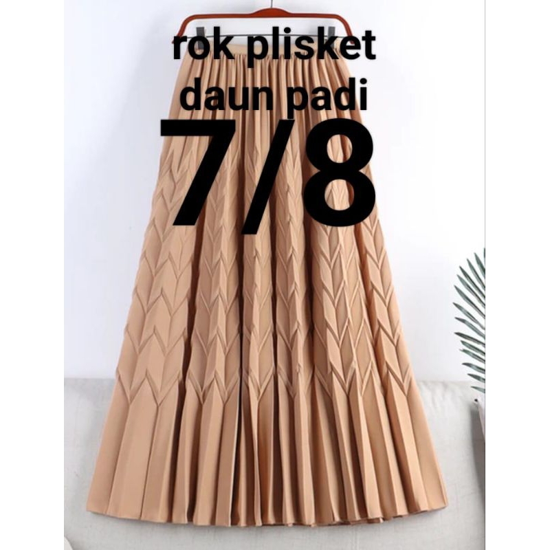 rok plisket 7/8 motif daun padi zigzag hitam putih coksu 75cm wanita dewasa premium