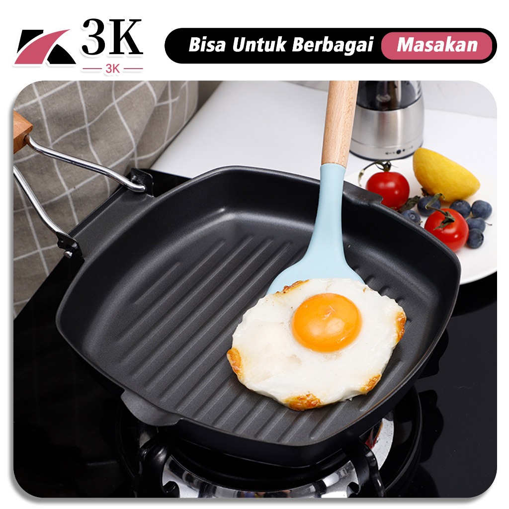 (3K Surabaya) Panci Panggang BBQ Grill Pan Korea 20CM Gagang Kayu Lipat Anti Lengket Multifungsi
