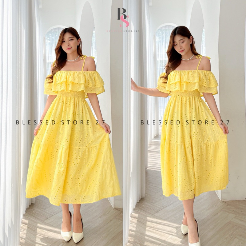 D1496 GOTEMBA KOREAN STYLE SABRINA EYELET VINTAGE MIDI DRESS KATBOL PANTAI BALI LIBURAN MATERNITY