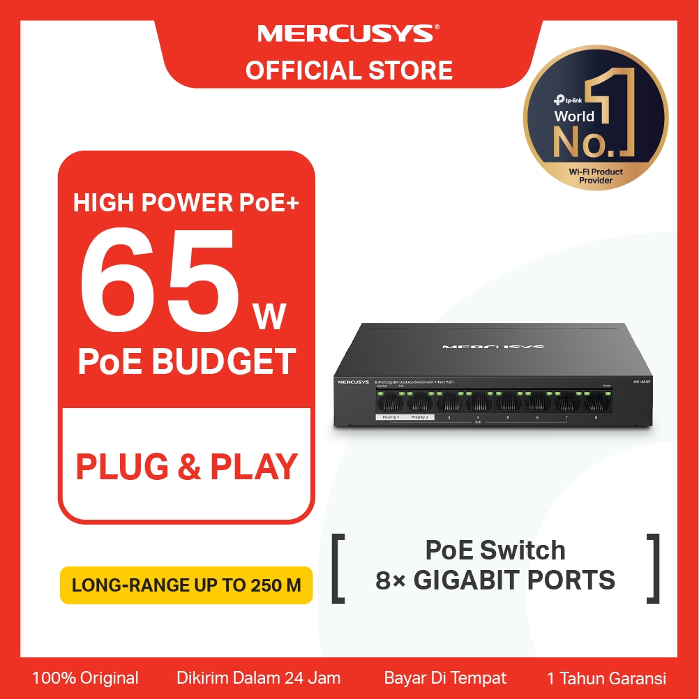 TP-Link | Mercusys MS108GP 8 Port Gigabit Desktop Switch with 7 PoE+ Ports 65W PoE Power Steel Case 