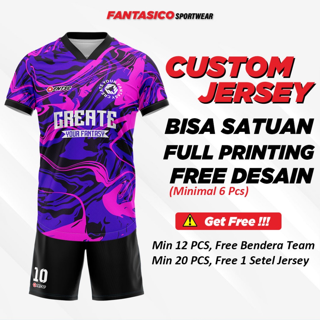 Fantasico Jersey Printing Futsal Custom Satuan Batik Keren Murah Polos Pink Hitam Rrq Gaming Badmint