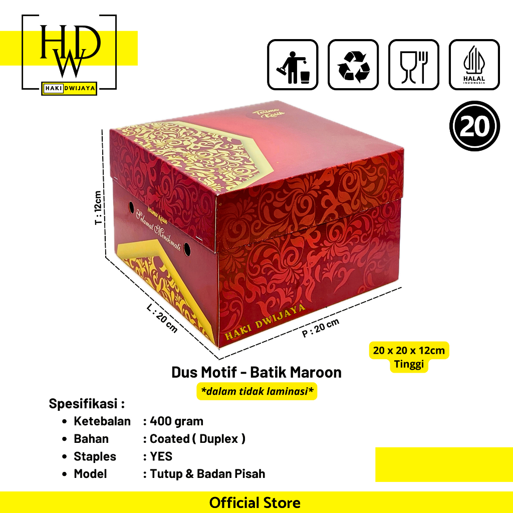 Dus / Kotak Nasi 20x20x12cm Full Colour - Motif Batik Maroon