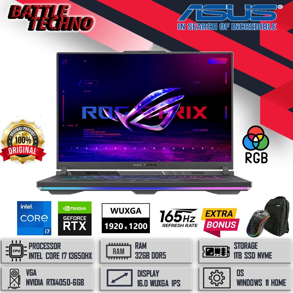 LAPTOP GAMING TERBARU ASUS ROG STRIX G16 CORE I7 13650HX RAM 32GB SSD 2TB RTX4070-8GB RGB 165Hz