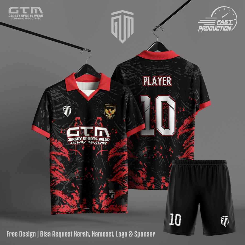 Jersey Bola Futsal Hitam Merah Kerah Retro ~ Free Custom Design 0020