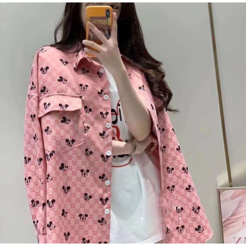 kemeja jeans Mickey mouse pink import premium wanita