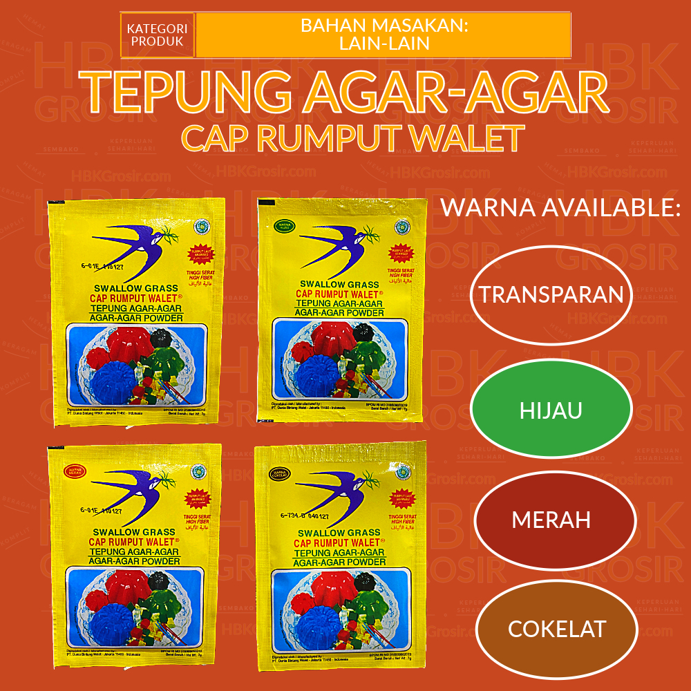 

Aneka Warna Tepung Agar Agar Cap Rumput Walet Swallow Globe Brand Grass - Lembaran Saset 7GR [HBK GROSIR - Hemat Beragam Komplit]