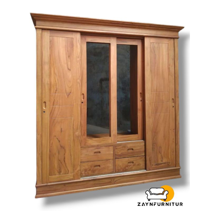 Lemari Pakaian Sleding Minimalis Pintu 4 Kayu Jati Jepara