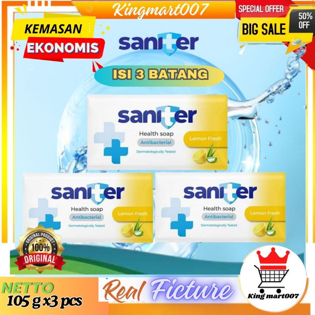 sabun mandi saniter isi 3 batang/sabun mandi murah Saniter Healthy soap anti bacterial 105gr