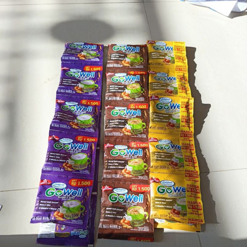 

Gowellsereal dan susu 29 gram 1 renceng 10bungkus