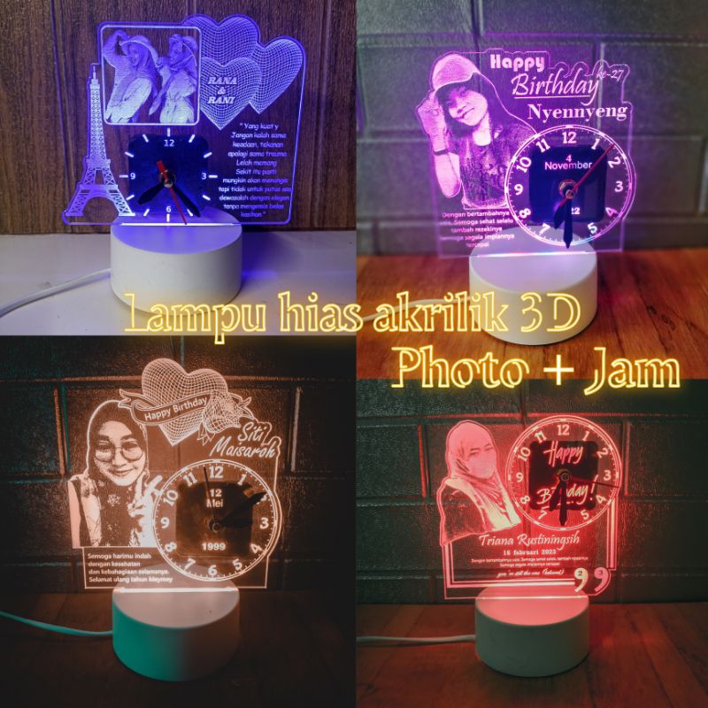 Lampu Hias Akrilik 3D HBD Photo + jam