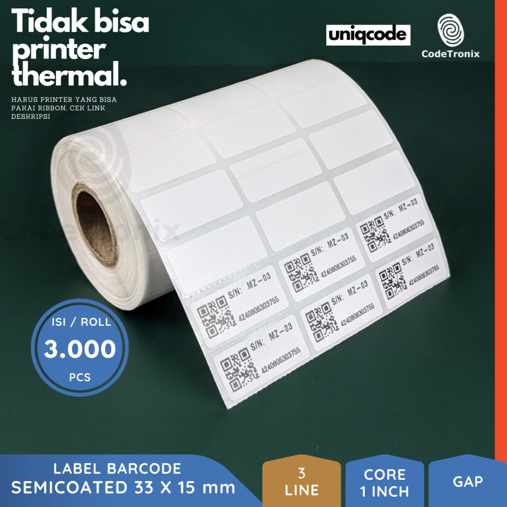 

Label Sticker Kertas Semicoated 33x15 Stiker Barcode Roll 3 Line 3000 pcs