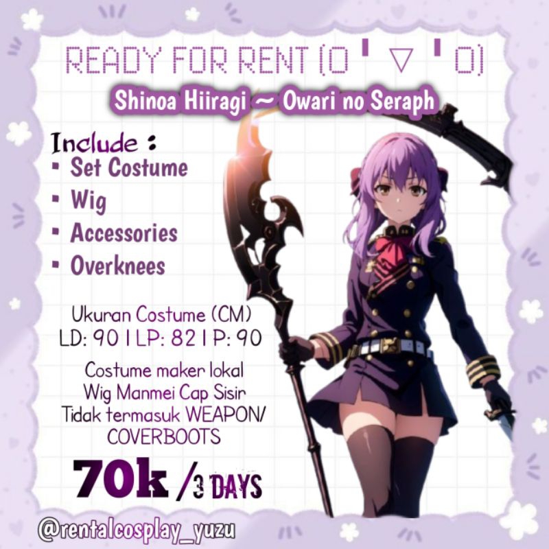 RENTAL/SEWA Shinoa hiiragi owari no seraph costume cosplay kostum anime cosplay