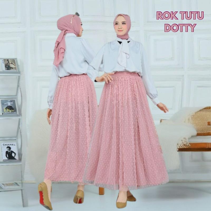 Rok Tutu Dotty Panjang 2 Lapis, Karet Pinggang Stretch, Bahan Flowy Premium untuk  & Kondangan