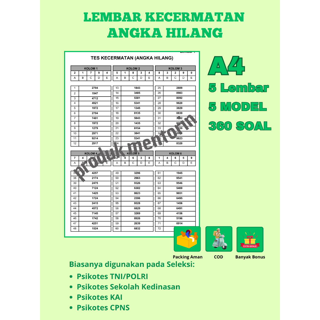 

LEMBAR TES ANGKA HILANG A4 (5 Model)