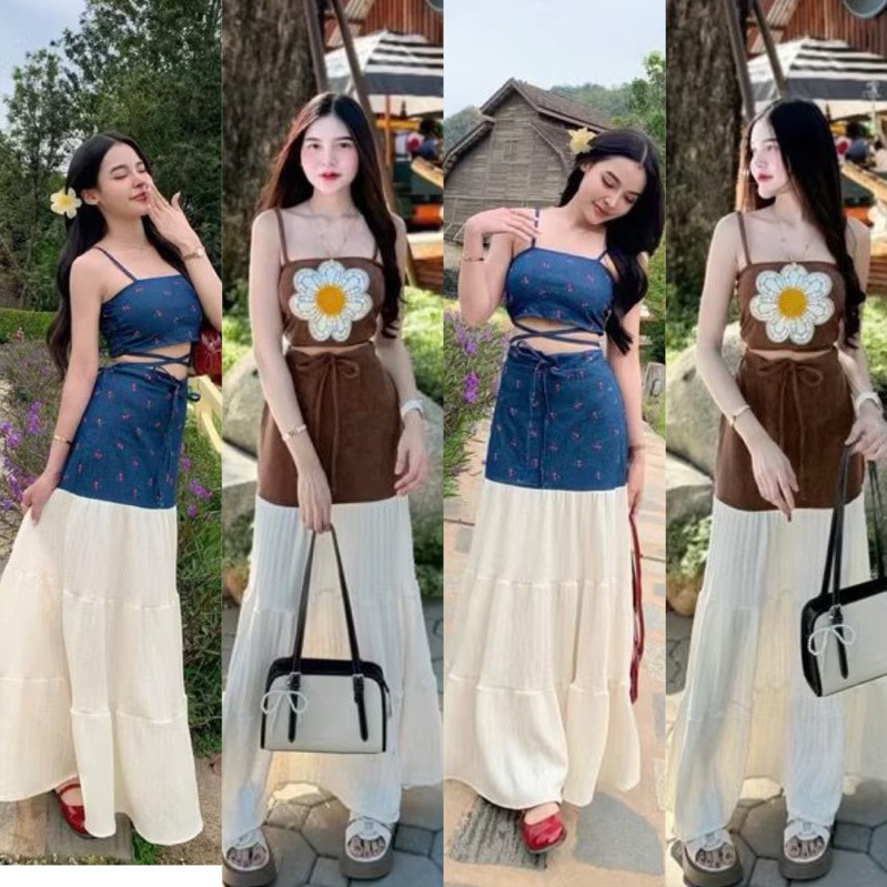 ONESET ROK TWOTONE CODORAY PREMIUM / SET CHERRY FLOWER TANKTOP ROK PANJANG