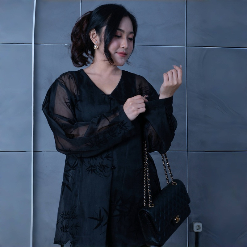 Visha Bamboo Ethereal Blouse Transparan Panjang Emboss Motif Bambu Kemeja Outer