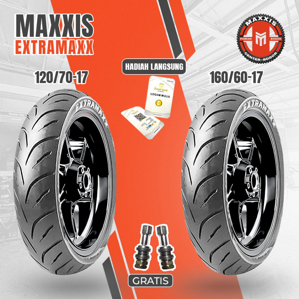 Paket MAXXIS EXTRAMAXX 120/70-17 dan 160/60-17 Tubeless Ban Motor Supermoto Kawasaki R15 GSX Ring 17