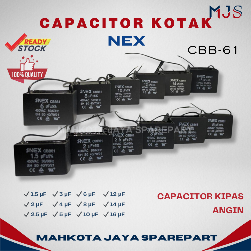 CAPACITOR NEX kapasitor kipas angin 1.5 uf / 2 uf / 2.5 uf / 3 uf / 4 uf / 5 uf / 6 uf / 8 uf / 10 u