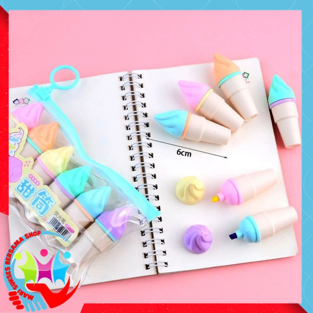 

MSBS HighLighter Es Krim Cone 1 Set 6 Pcs Free Pouch Highliter Es Krim Cone Stationery Lucu Unik Penanda Buku Warna Warni Kado Viral Termurah