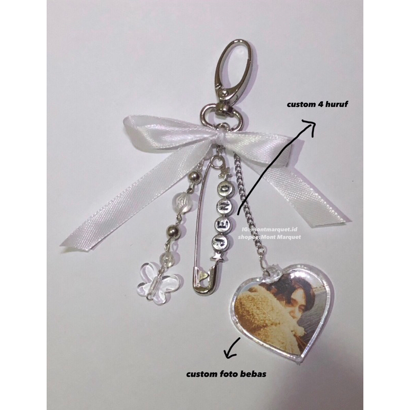 Keychain Gantungan Foto Jeno NCT Custom Nama Pita Dan Beads Per Huruf Butterfly Peniti Jumbo Foto Ph