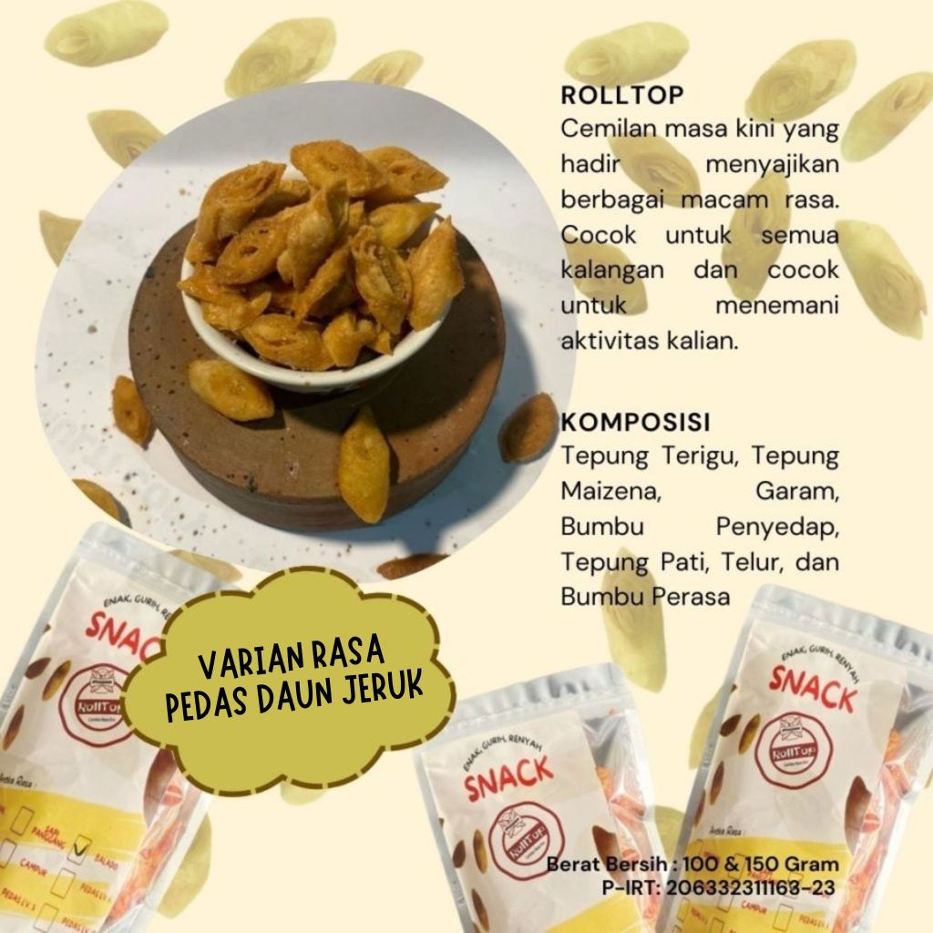 

ROLLTOP Rasa Pedas Daun Jeruk Cemilan Kering Kulit Lumpia