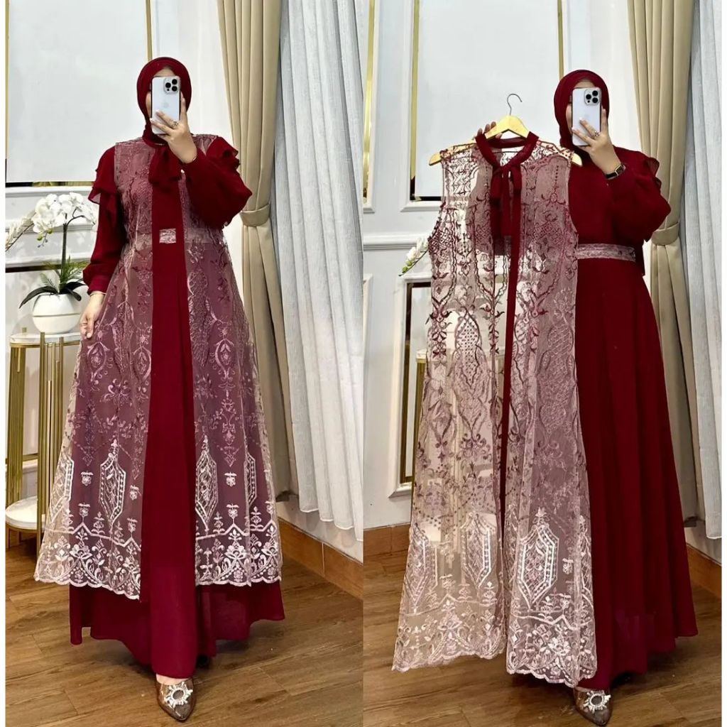 Gamis Brokat Motif Bunga Terbaru Dress Wanita 2025 Farisa Dress Inner + Outer Terpisah Lepas Pasang