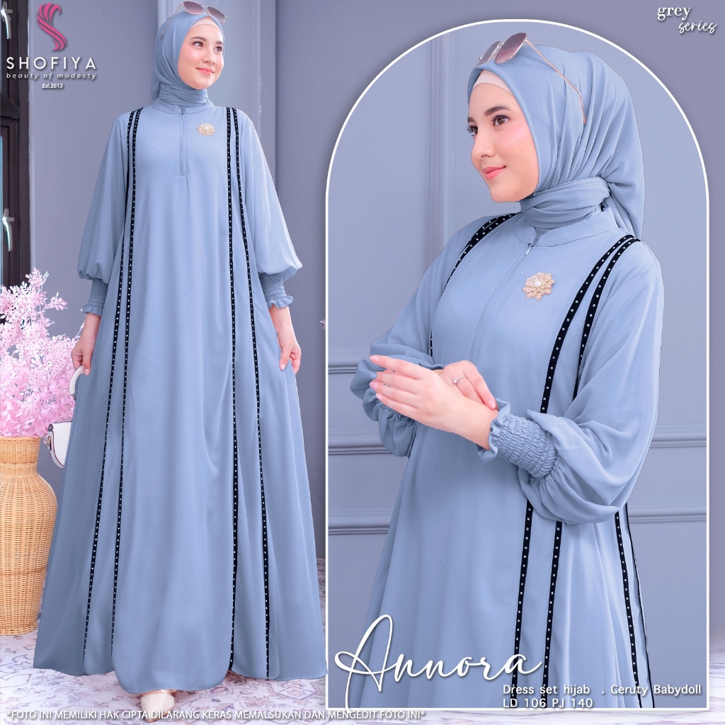 New Annora Dress Muslim Terbaru Set Hijab Gamis Ceruty Premium Jumbo Lebaran