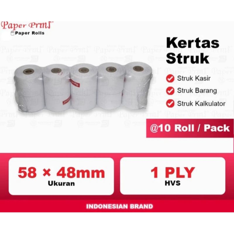 

Paper Pryns Register Roll / Kertas kasir / Struk 1 Ply Hvs uk 58 x 48 mm , 44 x 65 mm , 58 x 65 mm , 68 x 65 mm. - Pack isi 10 Roll.