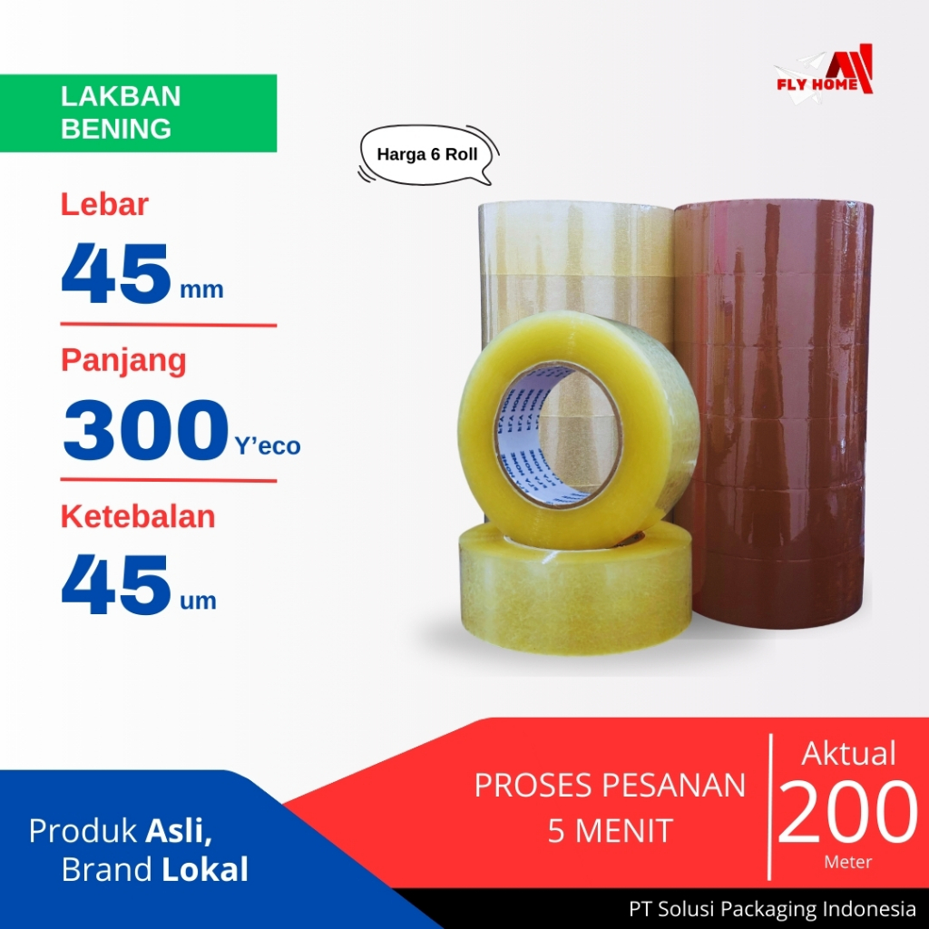 

FLYHOME Lakban bening 300yard 6 roll 45mm x 300yard lakban jumbo 300 yard ECO