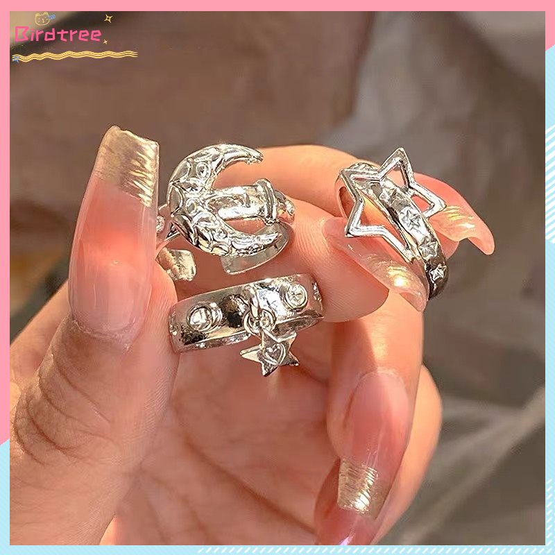COD Set Cincin Moon Bulan Cincin Bintang Korea Fashion Kepribadian Modis Cincin Ceruk Mewah Ringan W