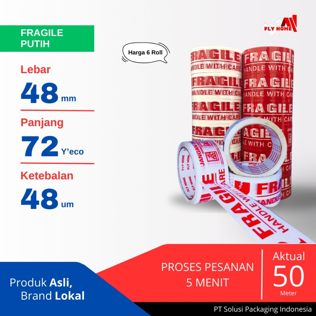 

FLYHOME Fragile putih 72yard 2inci 48mm x 72yard 6 roll lakban Printing ECO