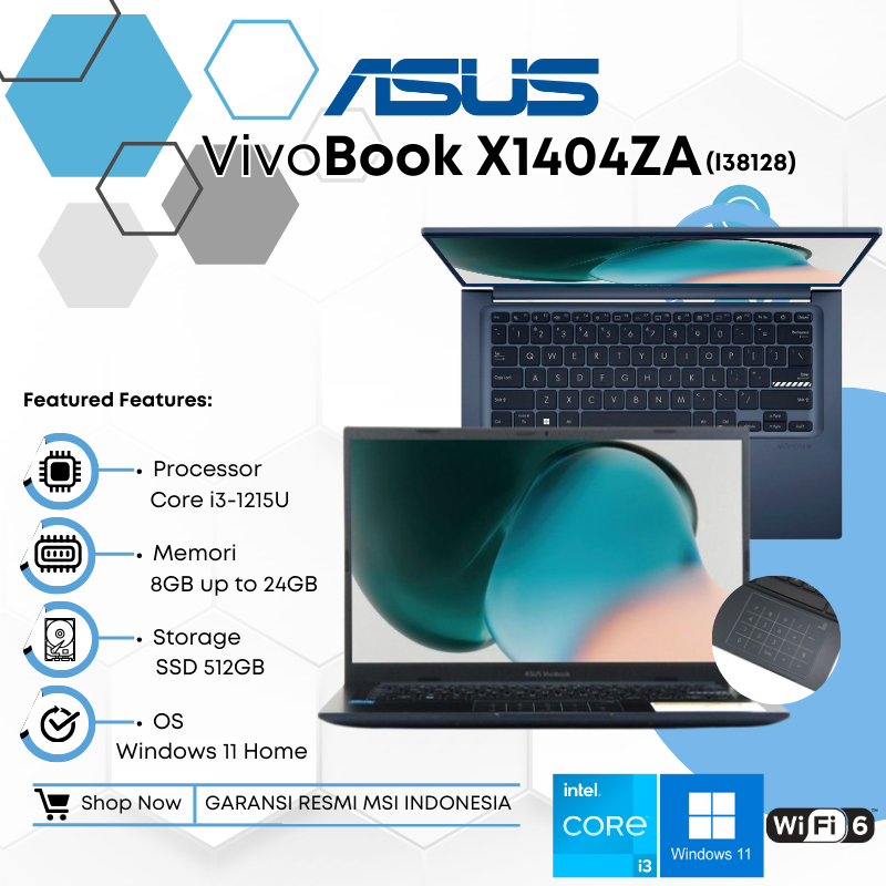 LAPTOP KULIAH 5 JUTAAN ASUS VIVOBOOK X1404ZA-I38128 INTEL CORE i3-1215U RAM 24GB SSD 512GB 14' FHD W