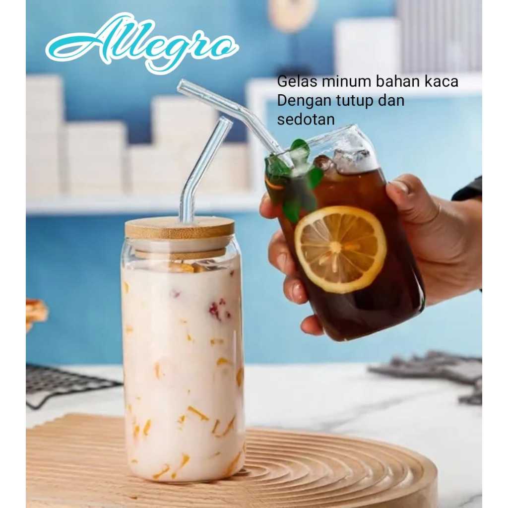 Gelas Kaca Tutup Kayu Gelas Can Cooler Gelas Jar Gelas Kaca Bening Estetik Free Sedotan
