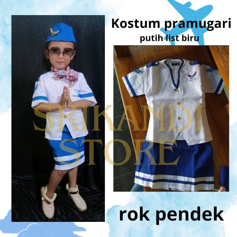 BAJU PRAMUGARI PUTIH BIRU ROK PENDEK/BAJU PRAMUGARI + SCRAFT ROK PENDEK