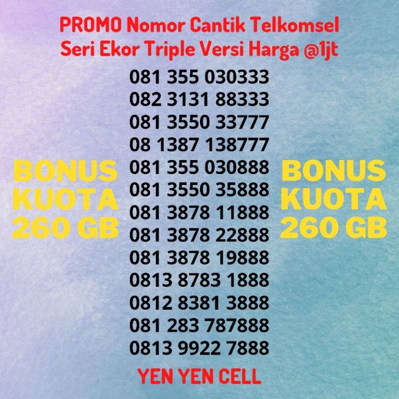 Nomor Cantik Spesial Telkomsel Seri Ekor Triple 8 / Akhiran Triple 3 / Ujung Triple 7 / 888 Belakang