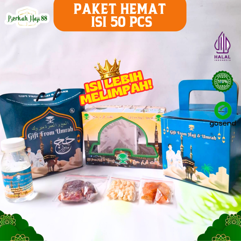 

Oleh Oleh Umroh Dan Haji Paket Gift Hampers Tas Tali teng-teng Air Zamzam isi 50 Paket PREMIUM